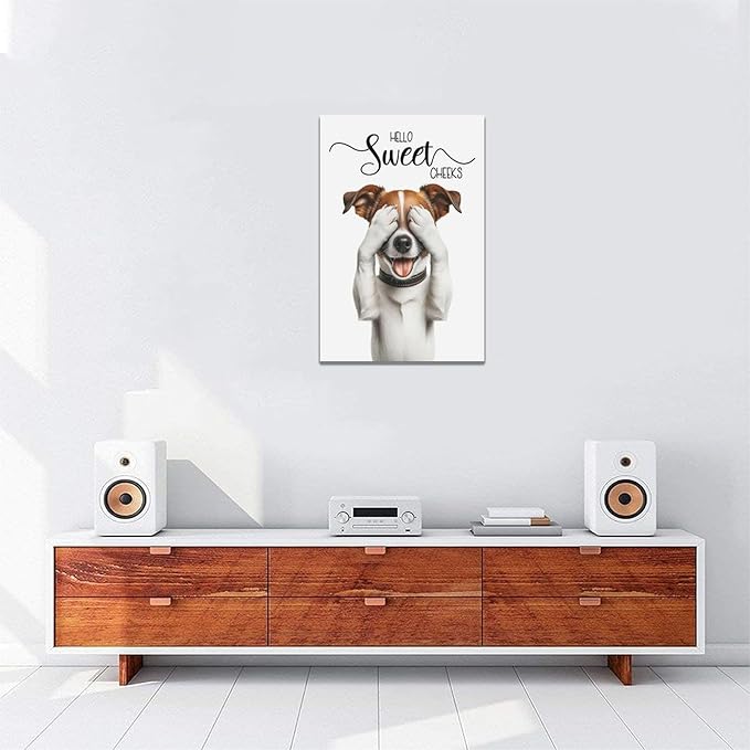 Bathroom Dog Wall Art Funny Dog Bathroom Pictures Wall Decor Hello Sweet Cheeks Toilet Bathroom Canvas Painting Home Modern Artwork Decorations Framed for Restroom 16 x 24 inch