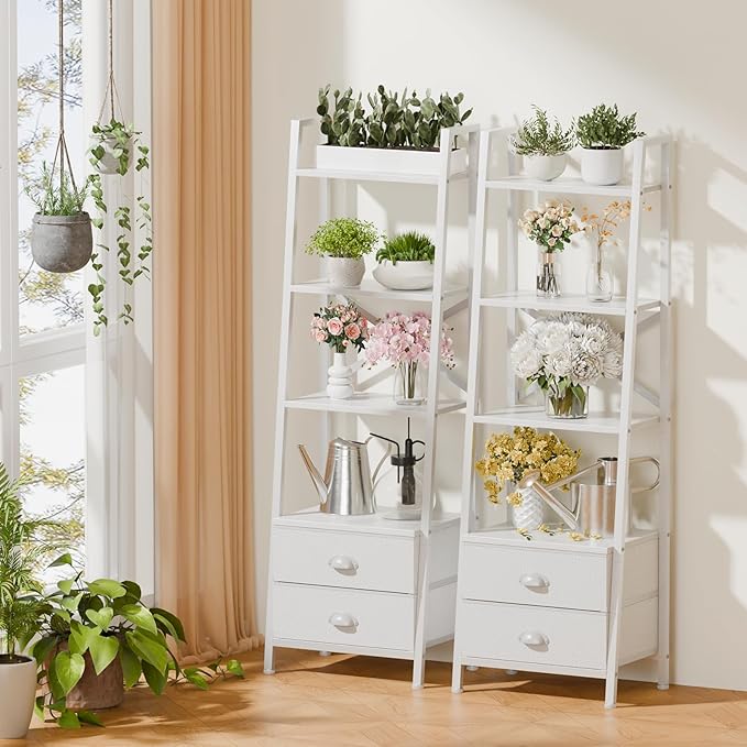 Furologee 4-Tier Ladder Shelf,Small Bookshelf with 2 Drawers,Vertical Bookcase Storage Rack Organizer,Display Bookshelves for Living Room,Bedroom,Bathroom,Home Office,Kitchen,White