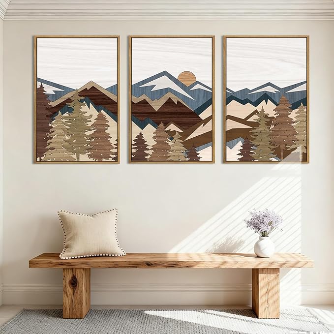 BINCUE Mountain Wall Art Rustic Farmhouse Wall Paintings Vintage Mountains Wall Decor Boho Mountain Artwork for Living Room Bedroom 16x24 Inch Set of 3