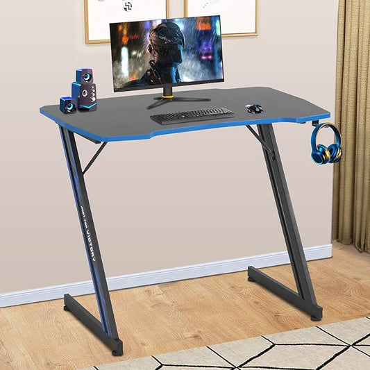 BestOffice Gmaing Desk 35.4in PC Computer Desk, Blue Ergonomic Gaming Table Z Shaped Gaming Workstation with Headphone Hook for Home Office，Blue