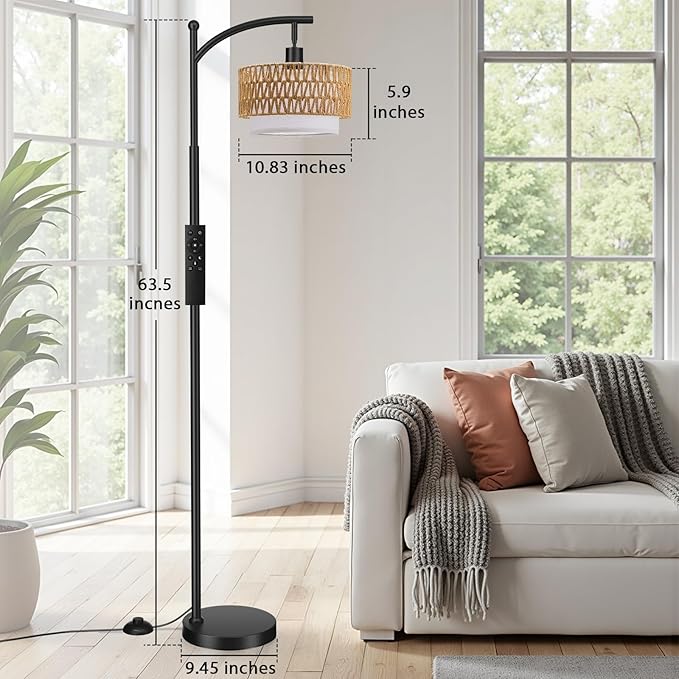 Ambimall Arc Floor Lamp for Living Room with Remote, Boho Standing Lamp with Rattan & Linen Shades, Color Temperature & Dimmable Bulb, Farmhouse Tall lamp for Bedroom, Office(Black)