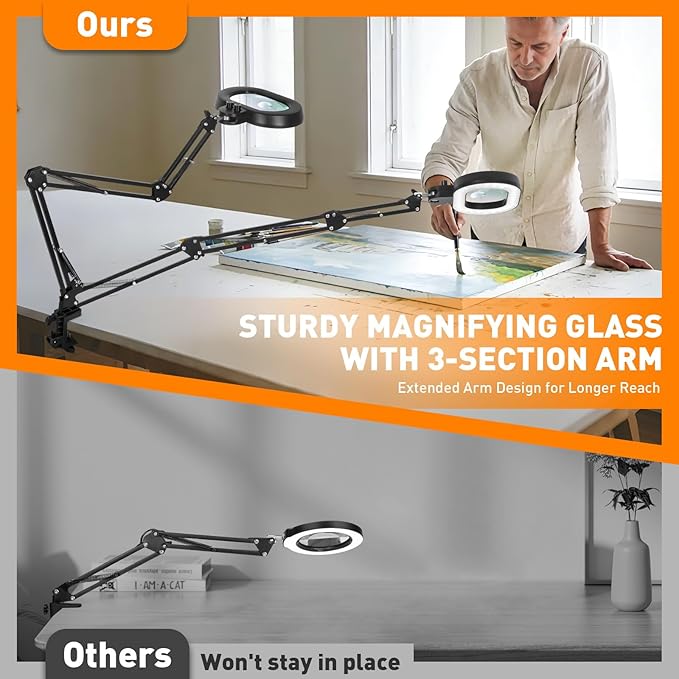 12X&30X Ultra Long Arm Magnifying Glass with Light, Three-axis Rotation Infinite Color Dimmable Magnifying Lamp, Lighted Magnifier Workbench Light for Craft, Reading(12X&30X 35in Oval Clamp)