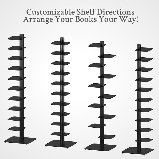 Suchtale 11-Tier Spine Bookshelf Tower,Tall Vertical Book Organizer,Metal Floor Standing Bookshelf for Small Spaces,Narrow Bookcase for Living Room,Bedroom & Office,Adjustable Shelf Directions,Black