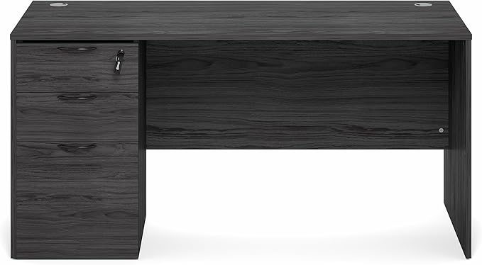 Furinno Roger 60 Inch Executive Desk with File Cabinet, Home Office Desk with 3-Drawer Fixed Pedestal Filing Cabinet, Desk Cord Grommet, for Home Office, Coastal Grey