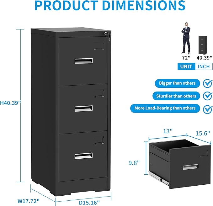 3 Drawer Filing Cabinet with Lock and Card Slot, Locking Vertical File Cabinet for Home Office, Small Metal File Cabinets for Hanging Legal Letter File Folders, Assembly Required(Black)