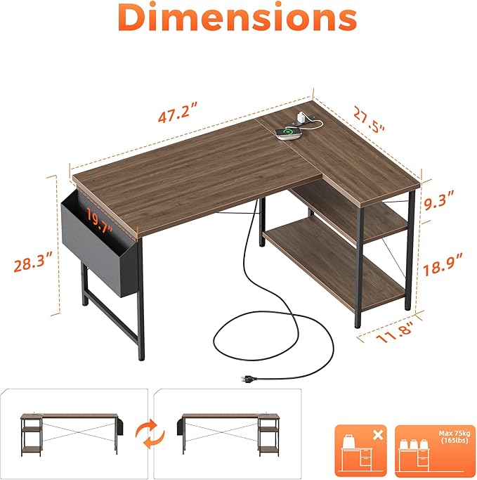 Mericonia Small L Shaped Computer Desk with Power Outlets, Reversible Gaming Desk with Storage Shelves, Corner Gamer Desk Table, Study Writing Table