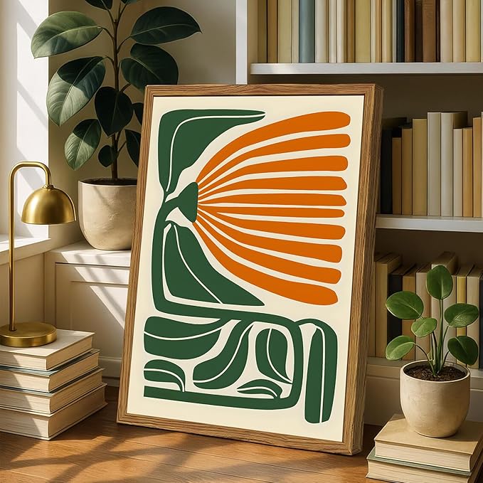 Framed Boho Floral Wall Art, Mid Century Modern Flower Canvas Wall Decor Pictures, Green and Orange Abstract Botanical Paintings Poster Prints Eclectic Home Decor for Living Room Bedroom 12x16 inch