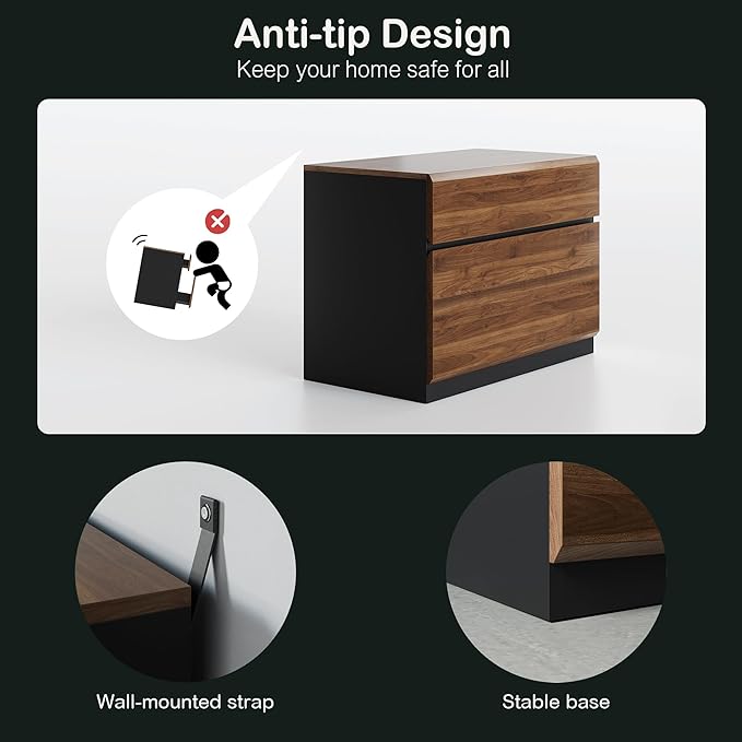 2 Drawer Lateral File Cabinet, 31W*23H Wood Filing Cabinet with Anti-tilt Mechanism, Home Office Storage Filing for Letter, A4 & Legal Size, Black Walnut