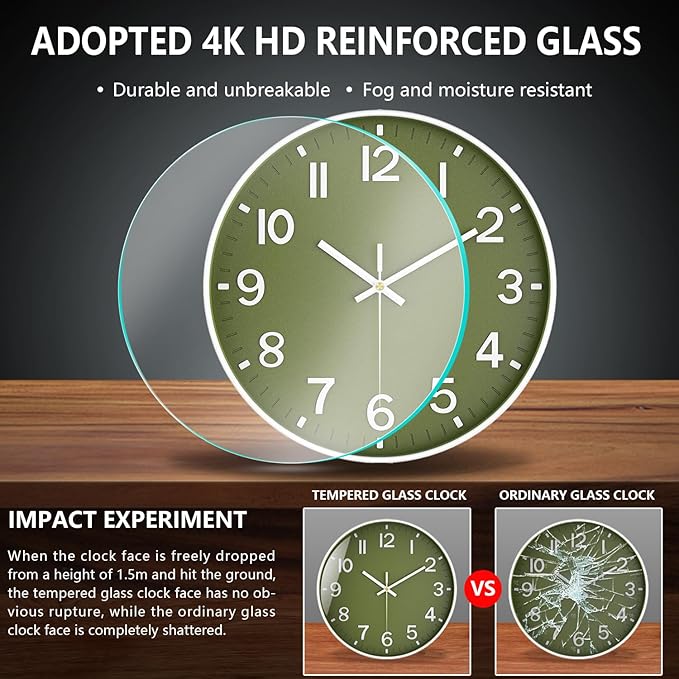Wall Clocks Battery Operated, 12 Inch Non Ticking Wall Clock, Silent Analog Clock for Bedroom Living Room Kitchen Office Gym Classroom Decor, Large Number Clocks for Seniors, Olive Green