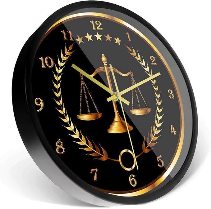 Scale of Justice Metal Frame Round Clock, Battery Operated Quartz Non Ticking Judge Law Black Aluminum Frame Wall Clock for Lawyer Office Decor Law Firm Office School Living Room Wall Art