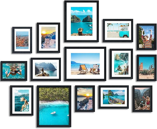 Fixwal Picture Frames Set, 15 Pack Black Picture Frames Collage Wall Decor for Assorted Photos, Three 8x10, Six 5x7, Six 4x6 for Wall Hanging or Tabletop Display