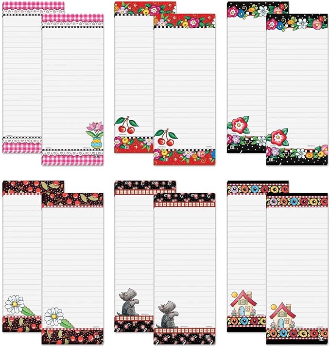Mary Engelbreit Bright Floral Magnetic Notepad Set – Set of 12 Memo Pads, 6 Designs, 30-Sheet Pads, 3¼ x 8 Inches, Shopping List, to-Do Notes, Printed in The USA, by Current