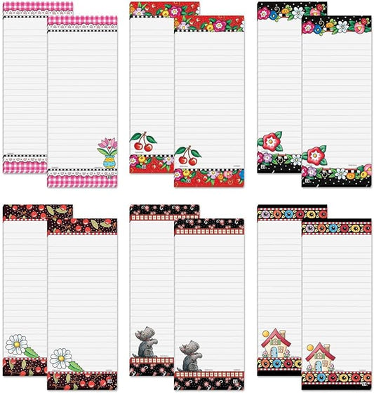 Mary Engelbreit Bright Floral Magnetic Notepad Set – Set of 12 Memo Pads, 6 Designs, 30-Sheet Pads, 3¼ x 8 Inches, Shopping List, to-Do Notes, Printed in The USA, by Current