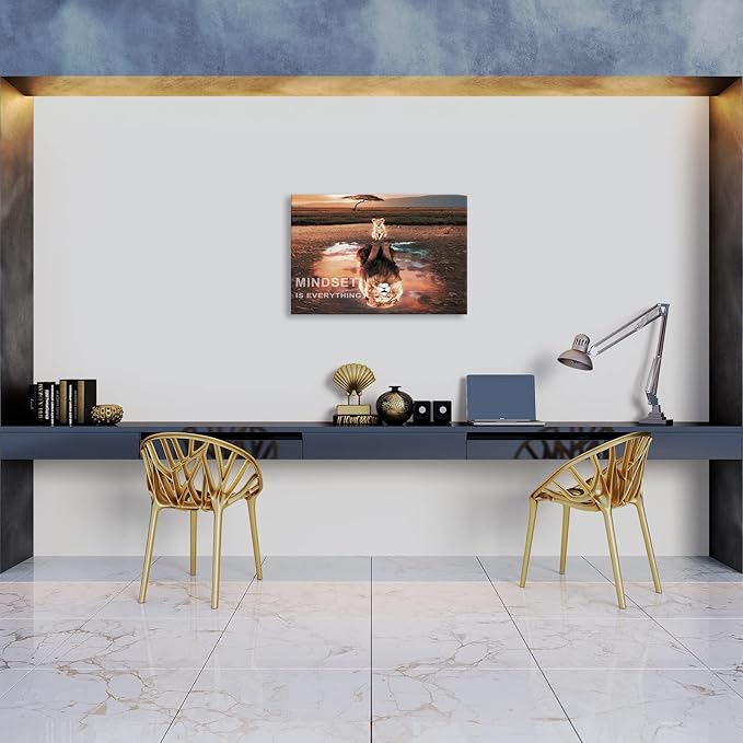 BWSPACE Mindset Is Everything Wall Art Lion Motivational Canvas Wall Art Posters Prints 1 Pieces Inspirational Quote Painting for Office Bedroom Decor (30" W x 40" H)