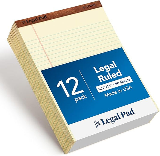 TOPS 8.5 x 11.75 Legal Pads, 12 Pack, The Legal Pad Brand, Wide Ruled, Yellow Paper, 50 Sheets Per Writing Pad, Made in the USA (7532)