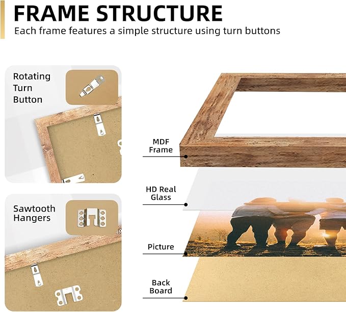 iRahmen Collage Picture Frames Set of 10, Wall Decor for Mounting or Tabletop Display, Family Photo Gallery Frame Set - Multi Sizes Including Two 8x10, Four 5x7, Four 4x6, HD Glass, Rustic Wood