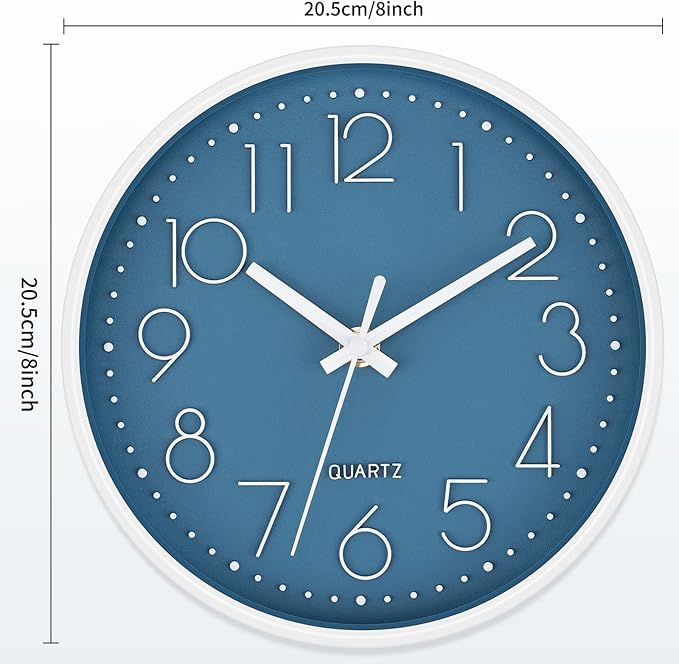 Foxtop Small 8 Inch Wall Clock Silent Non-Ticking Battery Operated Quartz Round Modern Simple Wall Clock Decorative for Bedroom Kitchen Home Office School (Cerulean)