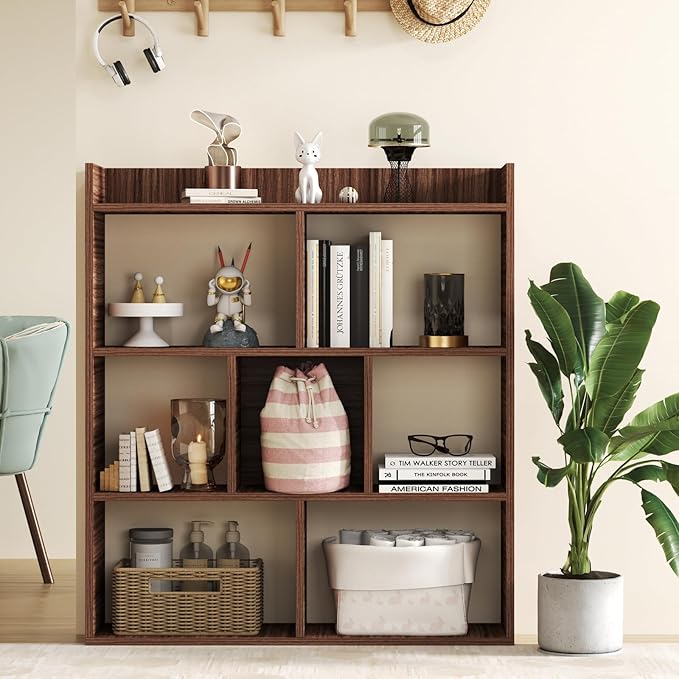 Tangkula 7-Cube Bookshelf, Floor Standing Open-Back Bookcase with Anti-Toppling Devices, Wooden Geometric Bookshelf, 4-Tier Storage Display Shelf for Living Room, Study, Office (2, Walnut)