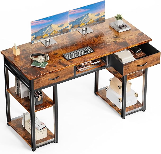 DUMOS 48" Small Computer Home Office Desk for Bedroom with Drawers, Gaming Writing Study Table with Storage Shelf, Adjustable Feet, Metal Frame Natural Brown