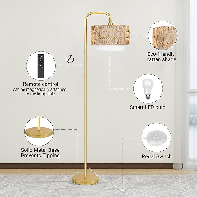 PARTPHONER Gold Floor Lamp for Living Room, Farmhouse Tall Lamp with 3 Color Temperatures Remote & Dimmable Bulb, Boho Lamp Rattan and Fabric Shades Bedroom Study Room Office Hotel