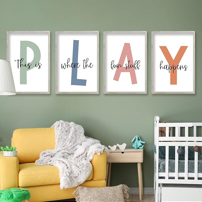 This Is Where The Fun Stuff Happens Kids Playroom Wall Art 11x16 Inch Set Of 4 Rustic Kids Wood Framed Boy Sign Toddler Modren Nursery Interesting Let's Play Prints Wall Hang Decor (White)