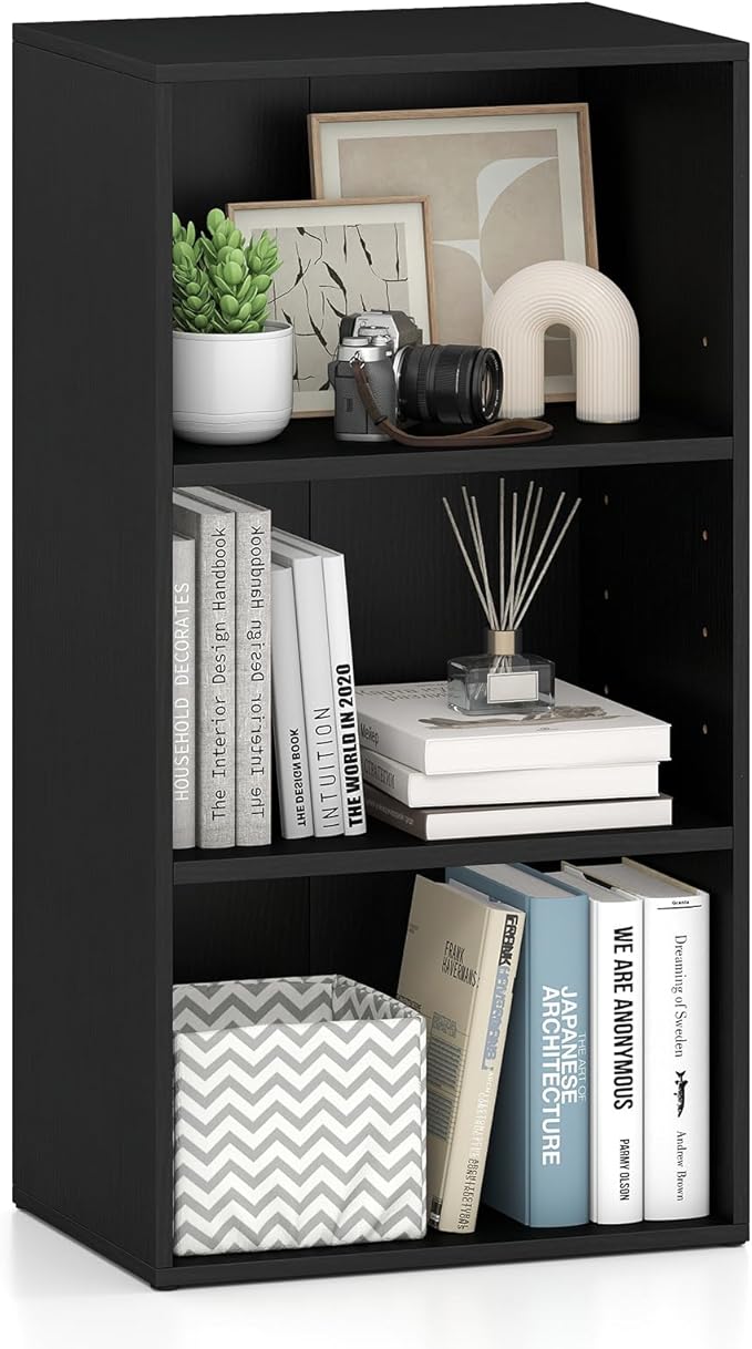 Giantex 3 Tier Bookshelf, Black Bookcase 3 Shelf, Open Cube Storage Orginazer Cabinet, Multi-Functional Home Office Bedroom Furniture Display Book Shelf
