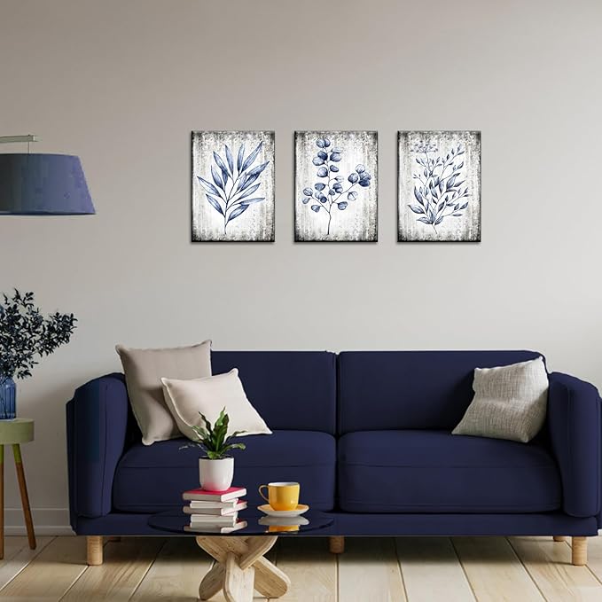 Conipit Navy Blue Botanical Painting Rustic Botanical Wall Art Canvas Minimalist Blue White Leaf Plant Artwork Prints Framed For Living Room Bedroom Wall Decor 12''X16''X3pcs