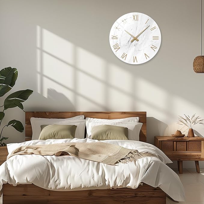 Large White Marble Wall Clocks Battery Operated 20 Inch Modern Analog Glass Wall Clocks for Living Room Office Dinning Room Silent Non Ticking Wall Clock