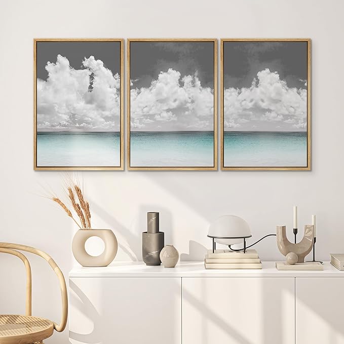 SIGNWIN 3 Piece Framed Canvas Wall Art Clouds Above The Blue Ocean Nature Wilderness Illustrations Abstract Traditional Relax/Calm Home Artwork Decoration for Living Room,Bedroom - 24"x36"x3 Natural