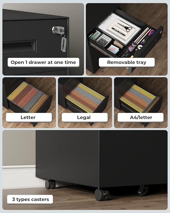 Dripex 3 Drawer File Cabinet, Mobile File Cabinet with Lock on Wheels, Letter/Legal Size, Fully Assembled, Modern Small Short Vertical Metal Rolling Filing Cabinets Under Desk for Home Office (Black)
