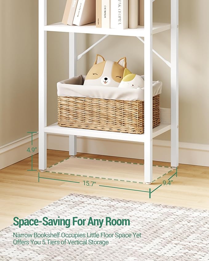 Bookshelf, Book Shelf, Industrial Bookcase with 2 Hooks, Coner Shelf Storage Organizer for Home Office, Living Room, Bedroom, Kitchen, 5-Tier White BC10513W