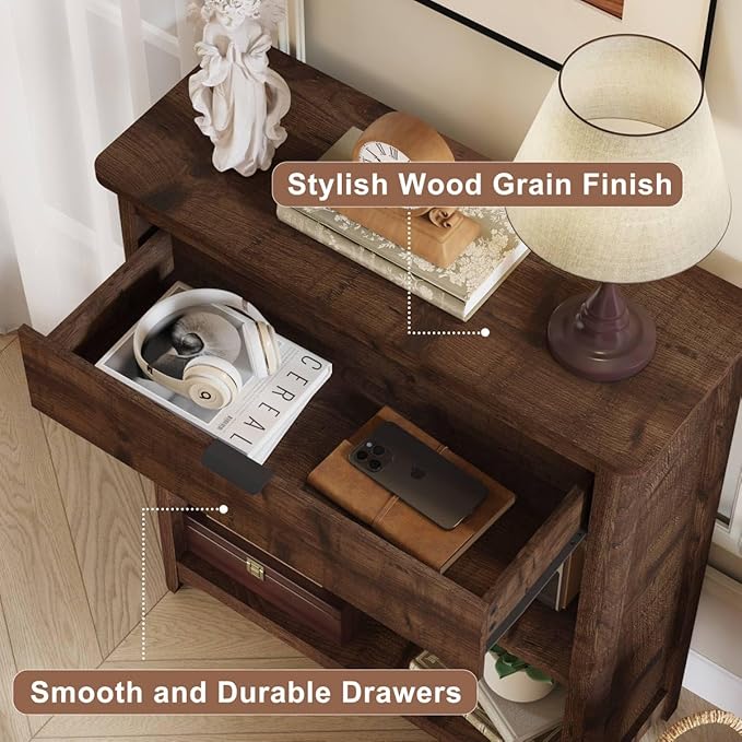 BON AUGURE Rustic Bookshelf Bookcase, Wood Book Shelf with Drawer, 3 Tier Book case for Small Space, Low Book case for Living Room, Home Office, Bedroom (Rustic Oak)