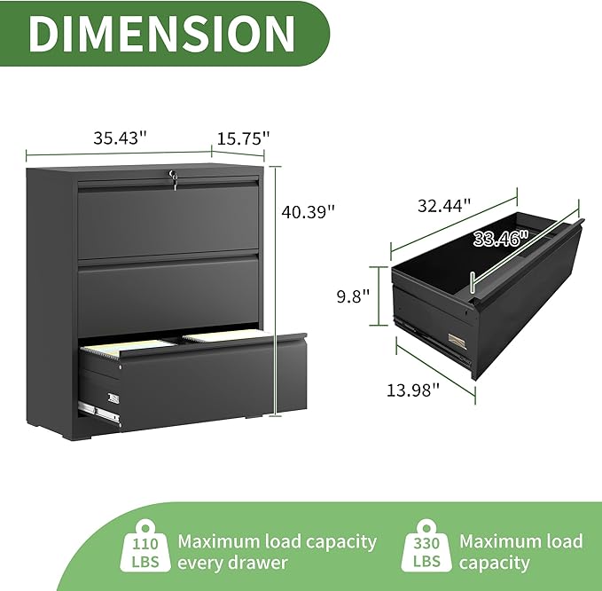 3 Drawer File Cabinet,Metal Lateral Filing Cabinet with Lock,Home Office Storage Organizer Cabinet for Legal/Letter/A4/F4 Size Files,35.5" W,Black