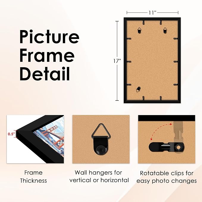 FIXSMITH 11x17 Picture Frame Set of 1, Photo Frame with HD Plexiglass, Display Pictures 9x15 with Mat or 11x17 Without Mat, Black Picture Frames Collage Wall Decor, Gallary Wall Frame