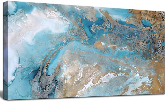 Blue Abstract Canvas Wall Art for Living Room, Navy and Gold Fluid Marble Picture Prints, Modern Painting Artwork for Bedroom, Bathroom, Office, Home Decor 20x40 Inch