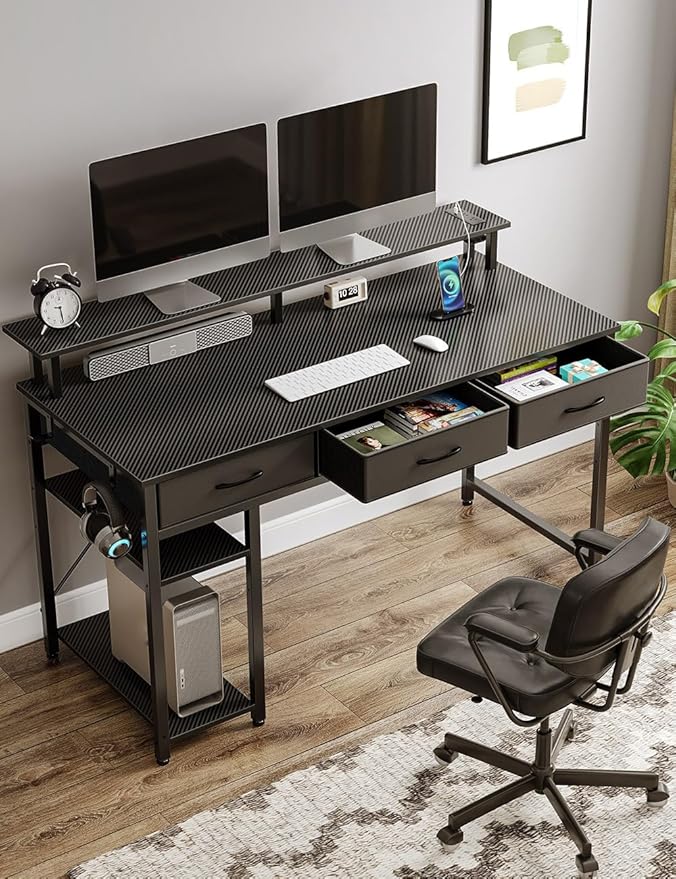 Rolanstar Computer Desk with Power Outlets & LED Light, 55 inch Home Office Desk with 3 Drawers and Storage Shelves, Writing Desk with Monitor Stand, Modern Work Desk for Home Office, Carbon Black