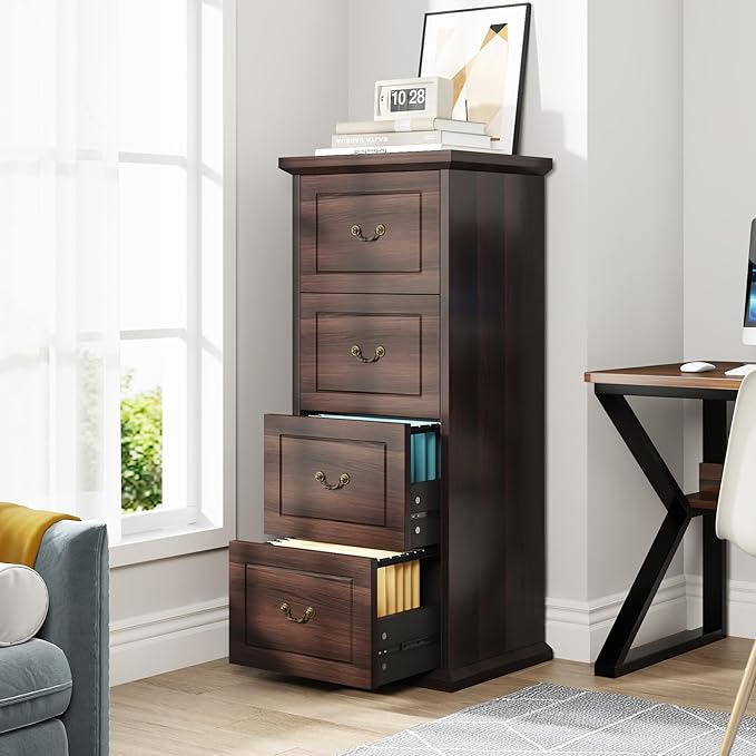 Tribesigns 4-Drawer File Filing Cabinet, Vertical File Cabinet Office Wood Filing Cabinet for A4 /Letter Size Narrow Tall File Storage for Honhe Office, Walnut