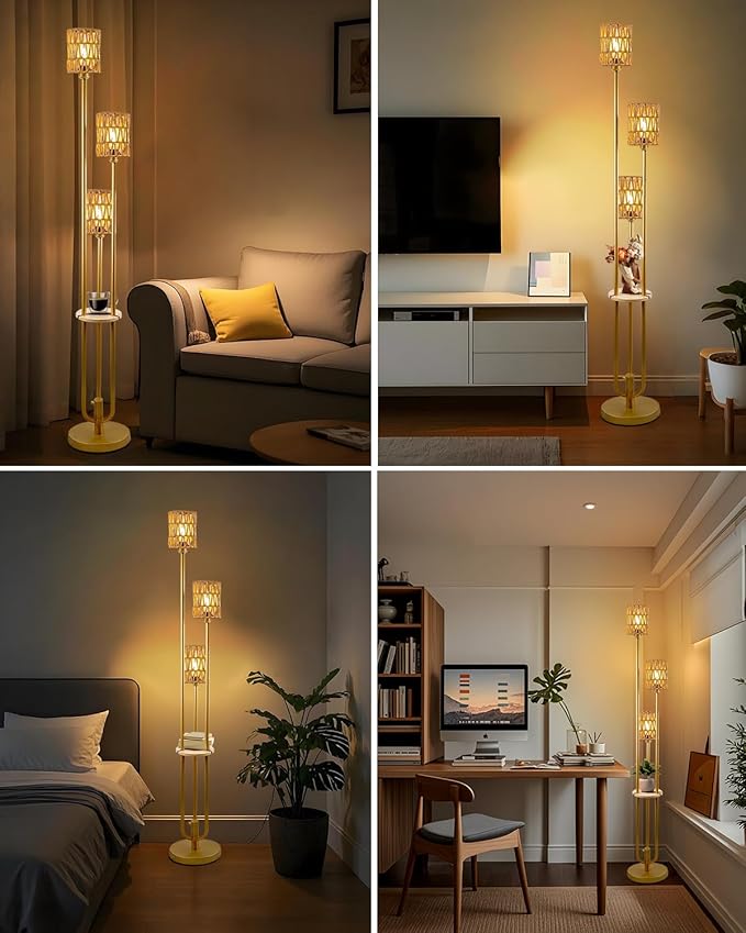 63IN Dimmable Floor Lamp with Shelf, Gold Rattan Tall Standing Lamps Candle Holder Style, 3000K Warmwhite Mid Century Modern Floor Lamp for Living Room (Bulbs Included)