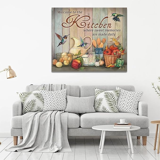 Farmhouse Kitchen Wall Art Country Hummingbird Kitchen Pictures Wall Decor Rustic Vegetables Food Canvas Painting Kitchen Signs Modern Artwork Home Kitchen Decorations Framed 24"x20"