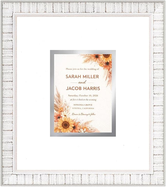 Poster Palooza Wedding Invitation Display Frame 10x11.25 in White With White and Metallic Silver Double Mat for 4.25x5.5 A2 Keepsake | USA Made