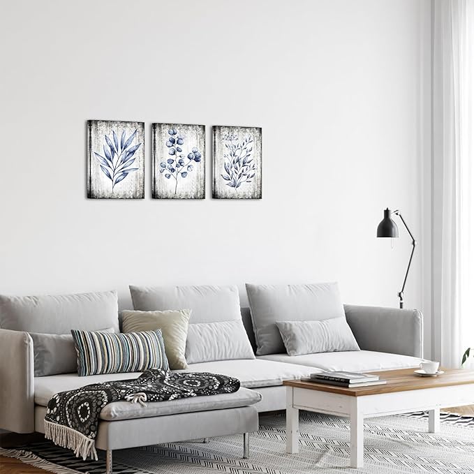 Conipit Navy Blue Botanical Painting Rustic Botanical Wall Art Canvas Minimalist Blue White Leaf Plant Artwork Prints Framed For Living Room Bedroom Wall Decor 12''X16''X3pcs