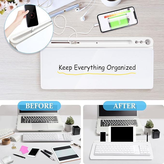 DOLLAR BOSS Glass Desk Whiteboard Small Dry Erase Board Desktop White Board with Storage Drawer Computer Keyboard Stand Desk Organizer Office Accessories Back to School Supplies with 4 Markers, White