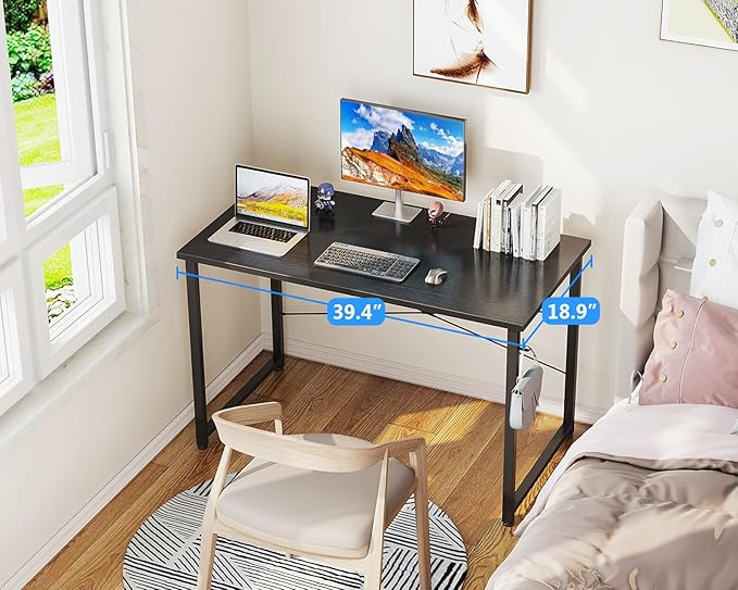 Casaottima 40 Inch Small Computer Desk for Home Office, Study Writing Table for Small Spaces, Simple Modern Desk with Headphone Hooks, Black
