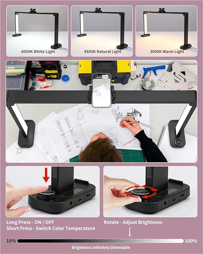 Nail Desk Lamp for Nail Tech, Foldable 34in 48W Half Moon Light with Phone Holder and USB Charging Port, 3 Color Temperature Dimmable LED Desk Light (Black)