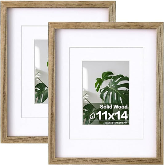 Egofine 11x14 Picture Frames Made of Solid Wood 2 PCS Carbonized Brown Covered by Plexiglass - for Table Top and Wall Mounting for Pictures 8x10 or 5x7 with Mat Horizontally or Vertically Display