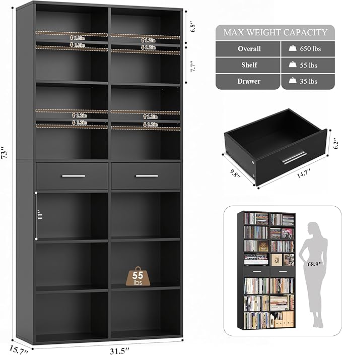 HOSTACK 73" Tall Bookshelf with Drawers, 7-Tier Black Bookshelf with Storage, Double Wide Bookcase with 14 Open Book Shelves, Wood Book Case with Adjustable Shelves for Media CD DVD Storage, Black