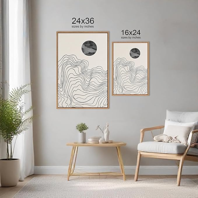 HLNIUC Black and White Abstract Wall Art Set of 3, Large Boho Framed Canvas Decor(24x36), Modern Celestial Sun Moon Painting, Geometric Line Mountain Art Print for Living Room, Bedroom, Office