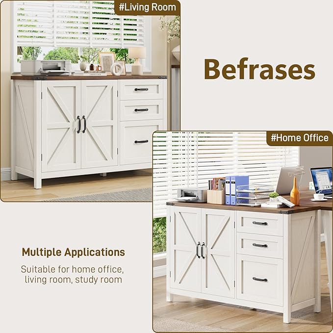 Farmhouse File Cabinet with Doors, Lateral Filing Cabinet with 3 Drawers for Letter/A4 Size Hanging Files, Large Wooden Storage Cabinet with Adjustable Shelves for Home Office, White and Brown