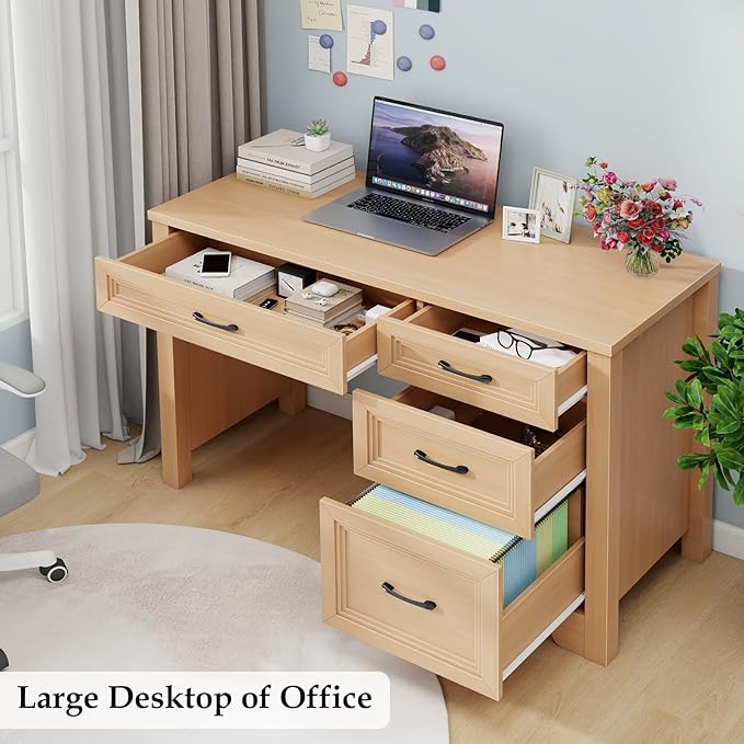 Farmhouse Executive Desk with Drawers, Wood Computer Desk with Ample File Drawer, Rustic Home Office Desk with Storage for Bedroom, Living Room, Natural