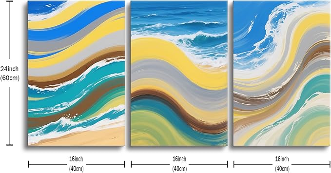 Ocean Graffiti Canvas Wall Art Abstract Waves Poster Print Colorful Sandy Beaches Picture Painting for Office Home Office Parlour Living Room Decoration Stretched and Framed [48''Wx24''H]